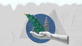 Collage christmas trees with hands. Trendy pop art designs for winter holidays. Collage art. - Powered by Shutterstock - Get 15% off with code: PIKWIZARD15