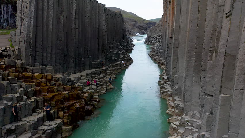 Aerial view of Studlagil Canyon, that can be found in East Iceland in the Glacier Valley called Jokuldalur. With the largest number of basalt rock columns in Iceland.