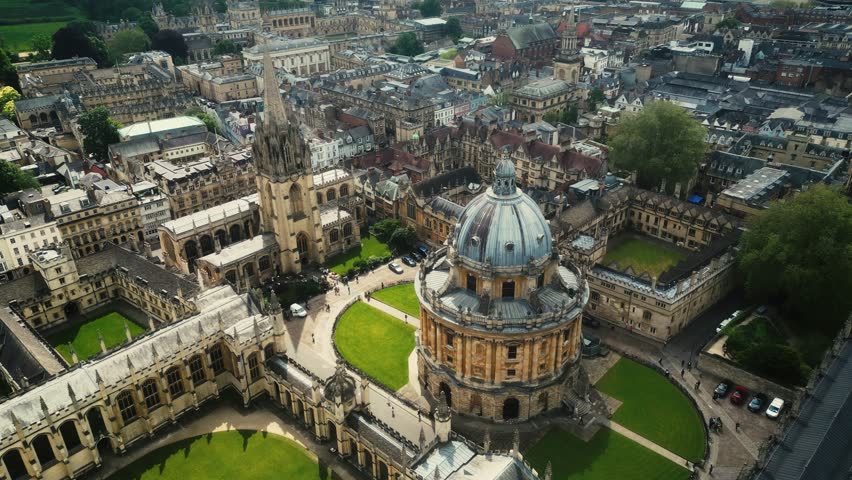 Oxford, United Kingdom. Aerial view of the College Library. Remarkable architecture of University campuses - view from above. High quality 4k footage