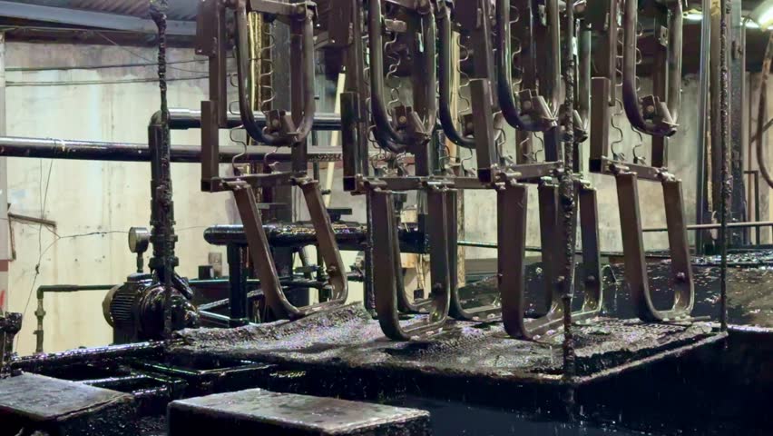 Electroplating process in industrial environment, close up view