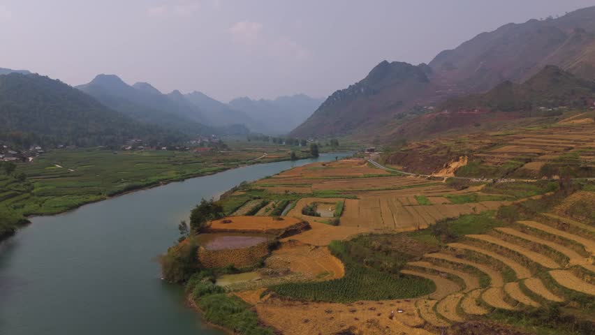 This serene drone footage reveals the natural beauty of Vietnam’s countryside, with vibrant green fields stretching into the distance, creating a stunning contrast with the flowing water below.