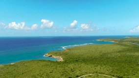 Vieques, Puerto Rico - A Panoramic View of a Vibrant Green Landscape That Stretches Toward the Coastline, Featuring Turquoise Waters - Aerial Drone Shot - Powered by Shutterstock - Get 15% off with code: PIKWIZARD15