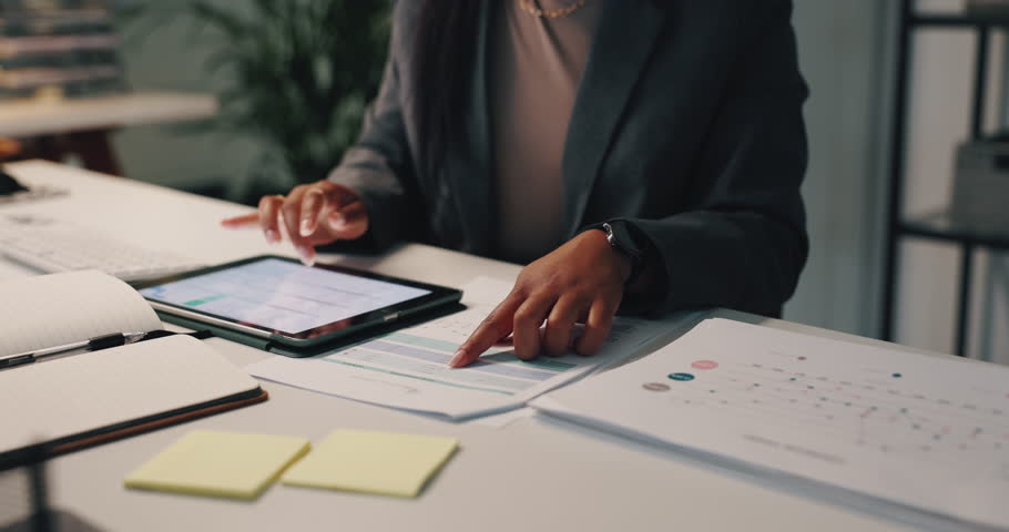 Business plan, paperwork and hands of woman with tablet, research and checking financial report. Notes, ideas and businesswoman on digital app for budget proposal, data analysis and sales development
