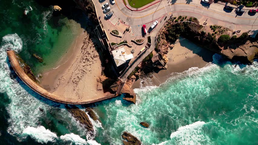 Children's Pool in La Jolla near San Diego CA straight down aerial view in 4k.
