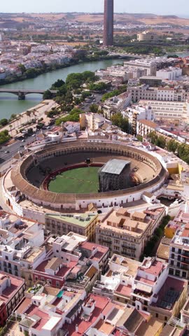 Plaza de Toros de la Real Maestranza Bullring, Seville Spain. Vertical Drone Aerial View