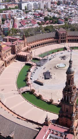 Vertical Drone Shot of Plaza de Espana, Historic Landmark of Seville, Spain on Sunny Day