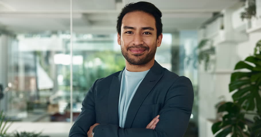 Smile, face and arms crossed with business man in office for creative director, magazine publication and pride. Professional, confidence and brand manager with person agency for career and startup