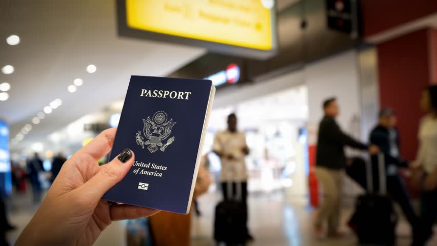 Hand of a woman holding a United States passport in an airport terminal, ready for international travel and customs.