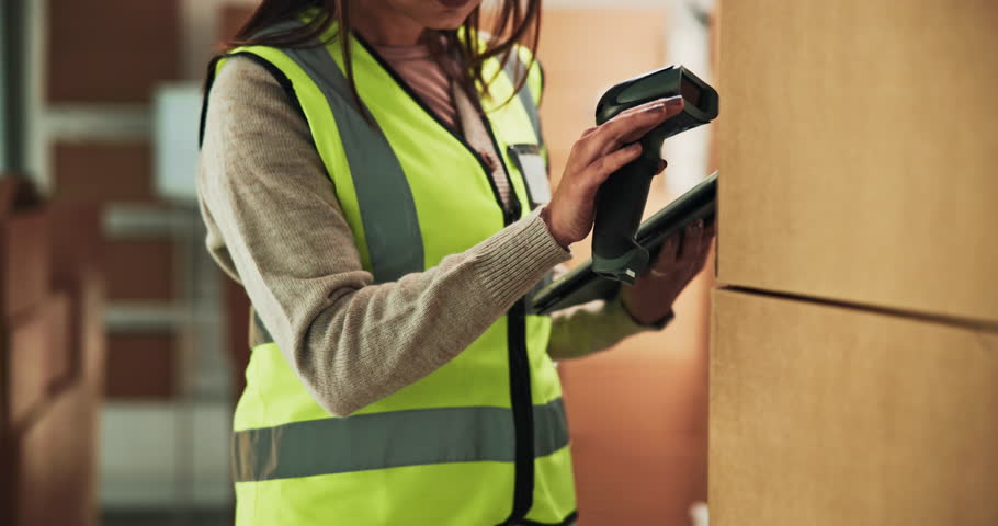 Tablet, boxes and hands of woman with scanner for logistics, inspection and warehouse for supply chain distribution. Shipping, package and courier worker with digital app for online stock checklist