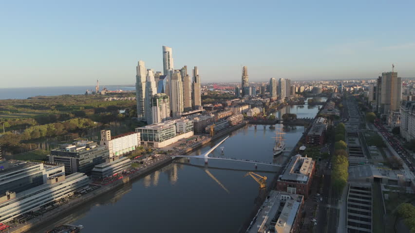 Aerial view of Puente de la Mujer and skyscrapers of Buenos Aires Puerto Madero, Argentina