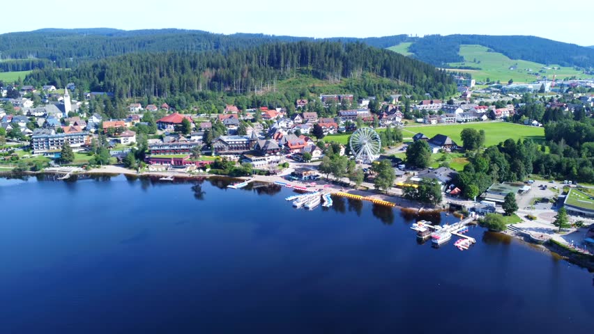 Aerial drone landscape of Lake Titisee in the Black Forest, Germany