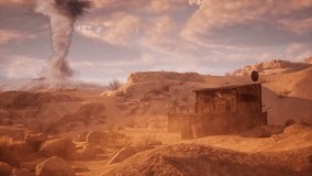 Dystopian post apocalyptic house in a desert arid environment with rocks, sand, dust particles, and a large tornado in the background 3D animation, camera zoom in. - Powered by Shutterstock - Get 15% off with code: PIKWIZARD15