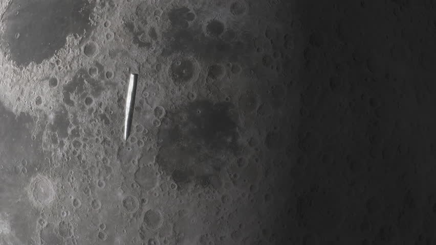 Oumuamua Asteroid Interstellar Object Passing and Tumbling Through Solar System and Moon with Details of Lunar Surface with Details of Impact Craters and Terrain. 3D Science Animation ProRes 4K.