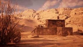 Dystopian post apocalyptic house in a desert arid environment with rocks, sand, and dust particles 3D animation, camera zoom in. - Powered by Shutterstock - Get 15% off with code: PIKWIZARD15