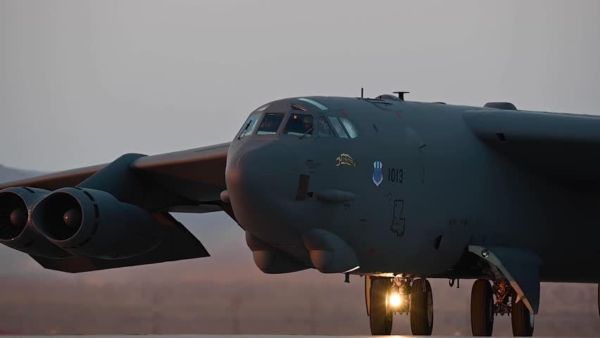 a B-52 Bomber Stratofortress Takeoff at Air Force Base, Nevada.