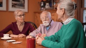An elderly couple plays cards with a family member in a cozy living room. The mood is lively with one person showing excitement while others focus on the game. - Powered by Shutterstock - Get 15% off with code: PIKWIZARD15