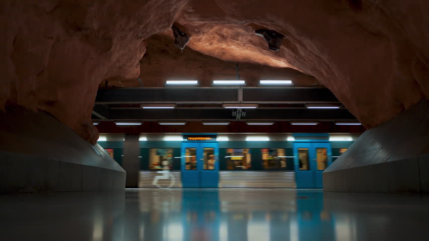 Cinemagraph of underground train at Radhuset station, Stockholm, Sweden. Famous subway metro. Architecture