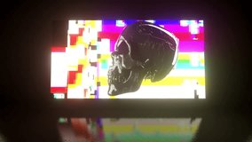 4K Loop rotate skull is displayed on a screen with glitch effects and a reflective surface, creating a futuristic and eerie atmosphere. - Powered by Shutterstock - Get 15% off with code: PIKWIZARD15