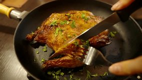 Tasty Roasted Chicken. Cooked At Home. chef slicing perfectly roasted chicken garnished with fresh herbs. essence of gourmet cooking and culinary expertise in preparing a succulent meal. Homemade Food - Powered by Shutterstock - Get 15% off with code: PIKWIZARD15