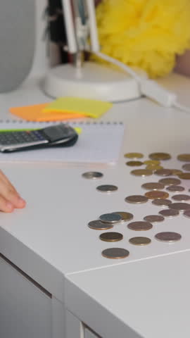 Vertical video. Young girl sits at her room table, counting coins and arranging her savings beside a cheerful pink piggy bank. Personal finances and managing money for kids
