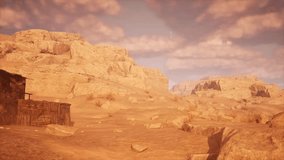 Dystopian post apocalyptic house in a desert arid environment with rocks, sand, and dust particles 3D animation, camera dolly left. - Powered by Shutterstock - Get 15% off with code: PIKWIZARD15