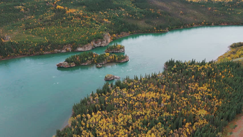 Rock Islands Of Five Finger Rapids In Yukon River Near Carmacks, Yukon Territory, Canada. Aerial Shot