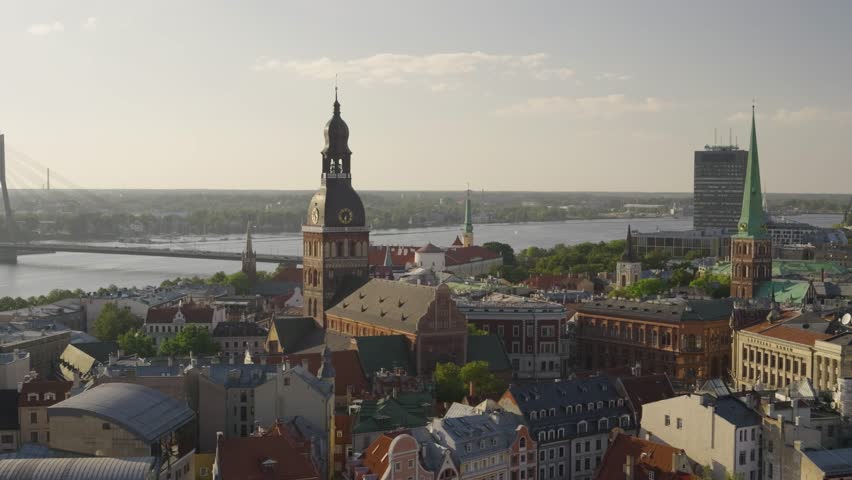 Incredible panorama over Riga, Latvia old town at Sunset with river in distance