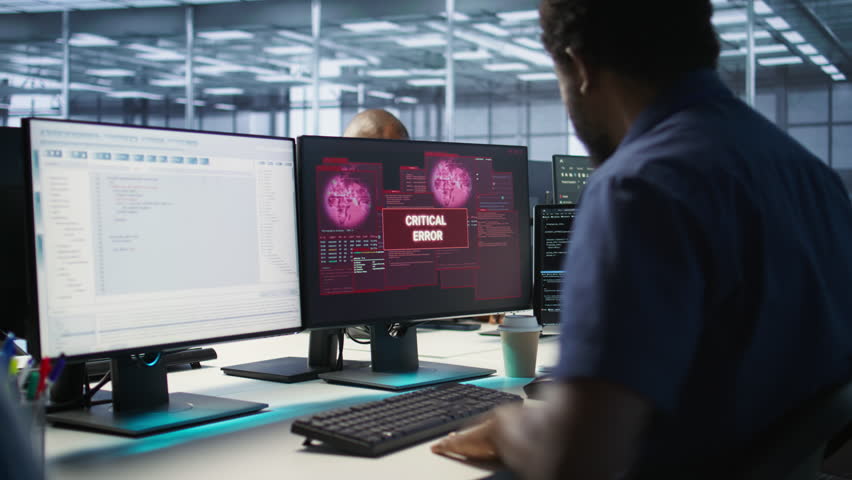 Cybersecurity division workers in server room protecting equipment from hacker stealing data. Data center IT specialists struggling to delete virus attacking company servers, doing brainstorming - Powered by Shutterstock - Get 15% off with code: PIKWIZARD15