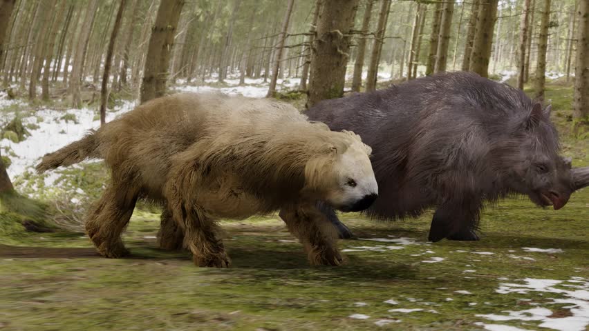 A 3D animation the extinct giant ground sloth Megalonyx and Woolly Rhino of the Ice Age walking through a snowy forest.
