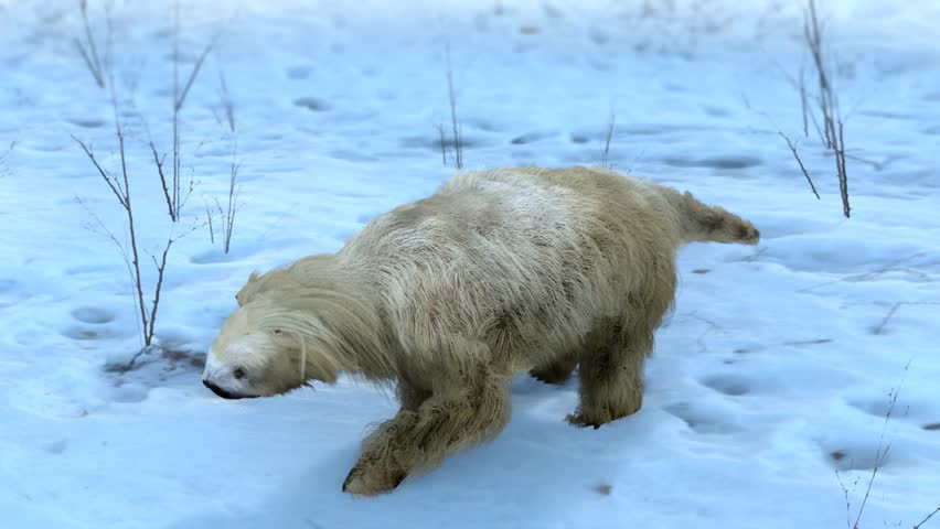 A 3D animation the extinct giant ground sloth Megalonyx of the Ice Age walking through a snowy forest.