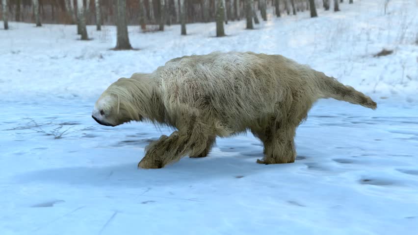 A 3D animation the extinct giant ground sloth Megalonyx of the Ice Age walking through a snowy forest.