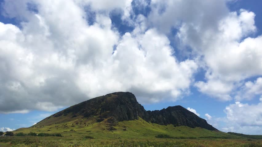 A beautiful sunny landscape over Ranu a Raraku in a summer day in Easter Island, Rapa Nui, Polynesia, Chile, Latin America