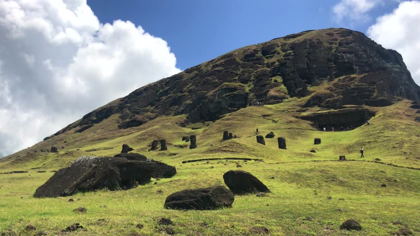 A beautiful sunny landscape over Ranu a Raraku in a summer day in Easter Island, Rapa Nui, Polynesia, Chile, Latin America