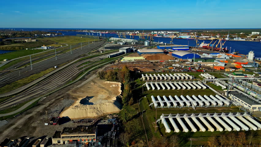 Industrial harbor and Latvia propane exporting or importing base, aerial view