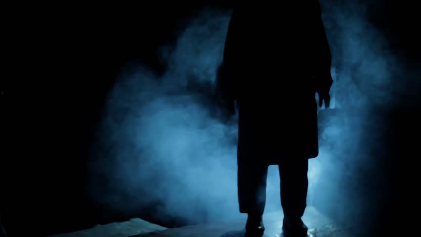Cinematic Shot of a Man Wearing a Scary Mask in Dramatic Lighting with an Eerie Misty Atmosphere - Captured in Stunning HD at 24 FPS for a Haunting and Suspenseful Visual Effect