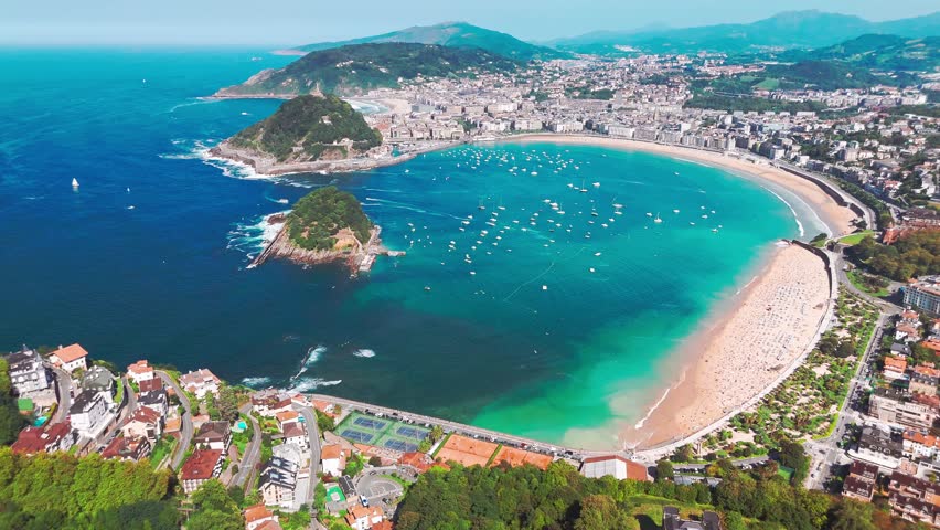 Aerial view of San Sebastian bay with turquoise waters, Donostia city, Basque Country, Spain, during summer. Beautiful summer destination in northern Spain. 