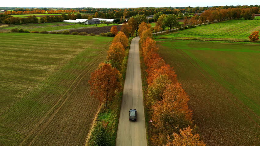 Car Driving On Country Road Through Autumn Trees And Farming Fields. drone tracking shot