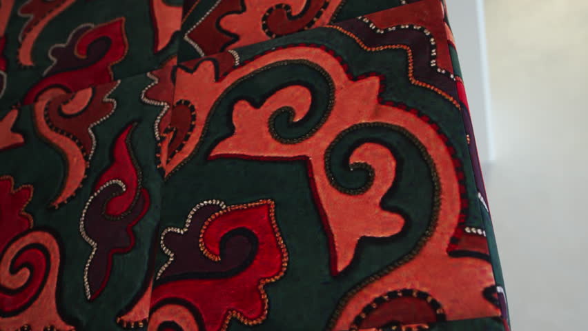 Fabric decoration with rich Tatar ornament and patterns. Bright twisted special symbols represents national and ethnic spiritual motifs