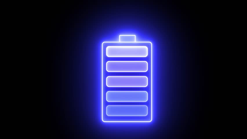 Glowing neon battery icon. Power and Electricity Battery. Charging level-up white battery symbol animation. fast charging animation.