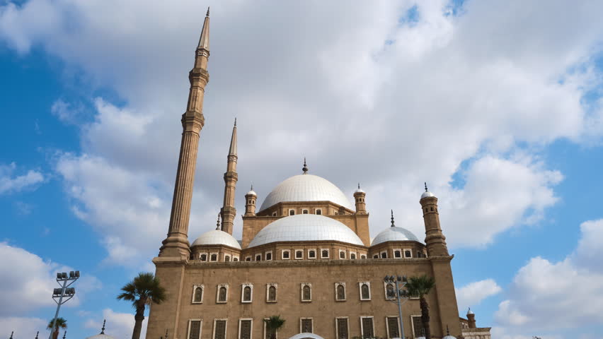 The Great Mosque of Muhammad Ali Pasha or Alabaster Mosque. Low angle view timelapse. Islamic Cairo, UNESCO World Heritage site, Egypt