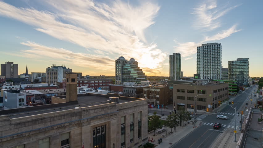 Kitchener, Ontario, Canada cityscape at dusk.