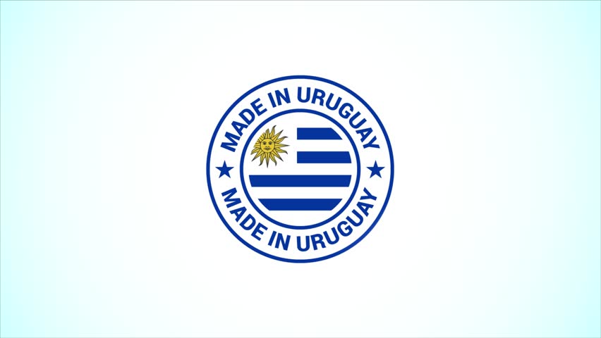Made in Uruguay logo animation revealing product origin with seal design on light blue backdrop