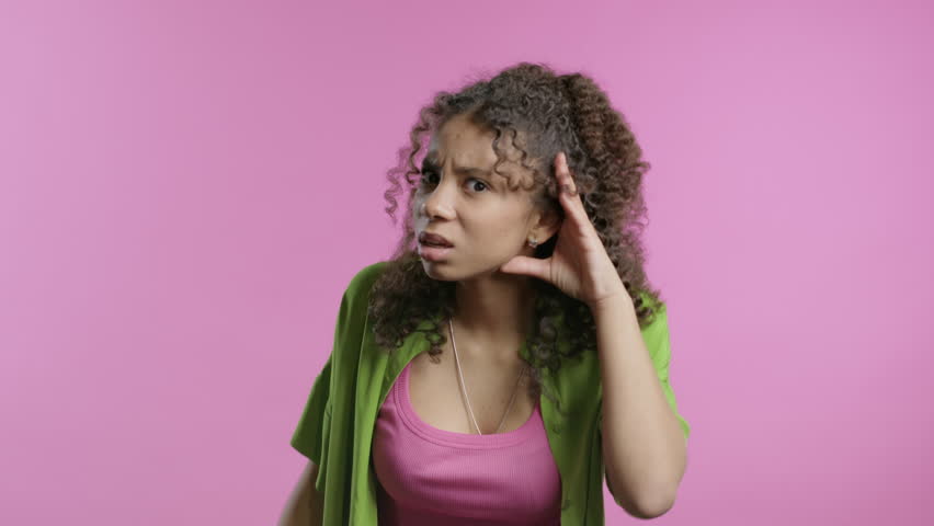 Curious African Teenager Girl Doesn't Hear, Asking What. Quiet Sound, Deaf, Misunderstand