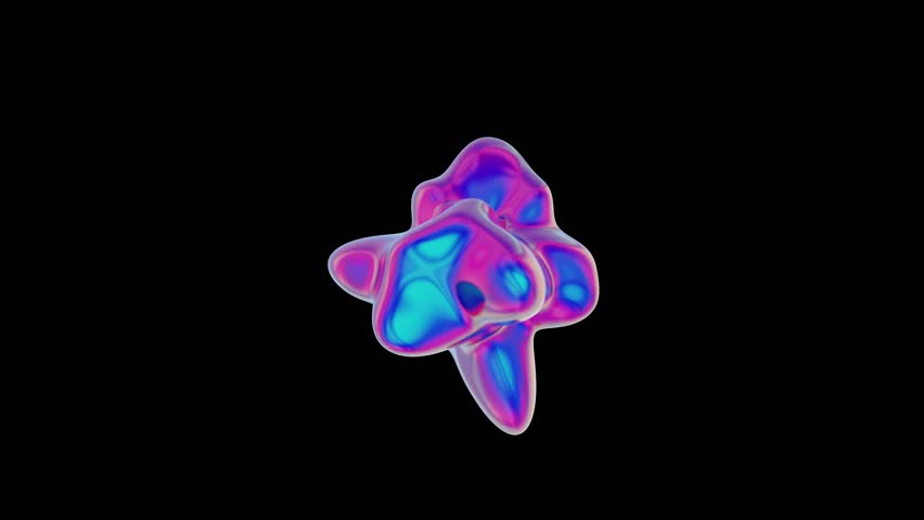 3D rendered animation of isolated abstract shapes. Iridescent object in cyan, blue, magenta and pink color. Seamless looping animation with black background.