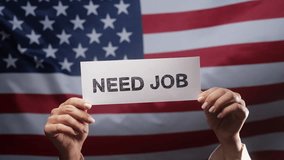 Unemployed Employee Woman With Title Sign Text Need Job On USA America Flag  - Powered by Shutterstock - Get 15% off with code: PIKWIZARD15