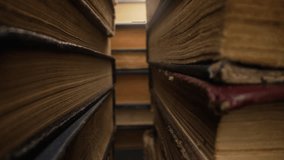 Library Towers Of Old Books, Slider Macro Moves On Aisle In Antique Shop.vintage - Powered by Shutterstock - Get 15% off with code: PIKWIZARD15