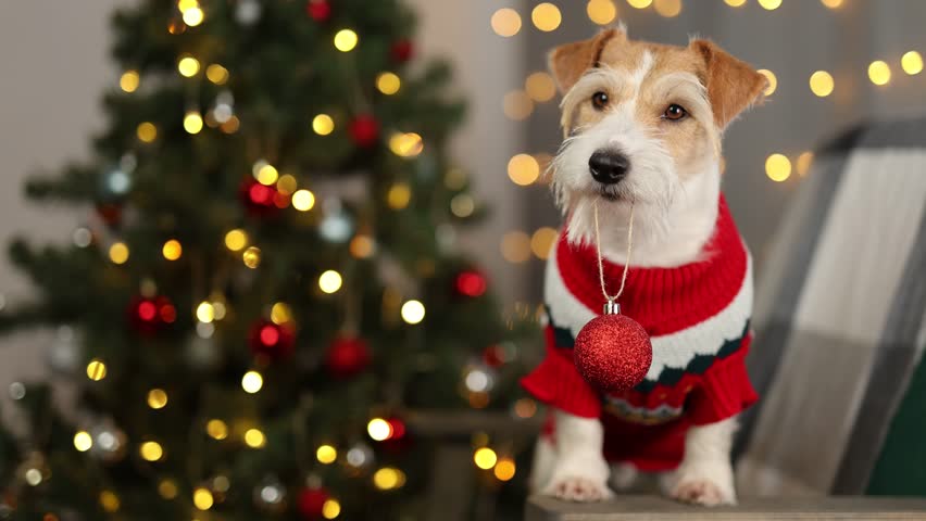 Dog in red sweater on green chair. Pet decorates New Year tree with balls. Wirehaired Jack Russell Terrier celebrates holiday. Christmas concept.
