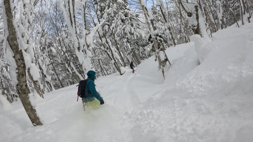 A lone snowboarder, dressed in vivid blue and yellow, makes their way down a secluded forest trail in Rusutsu, Japan surrounded by snow-heavy trees, showcasing beauty of backcountry snowboarding.