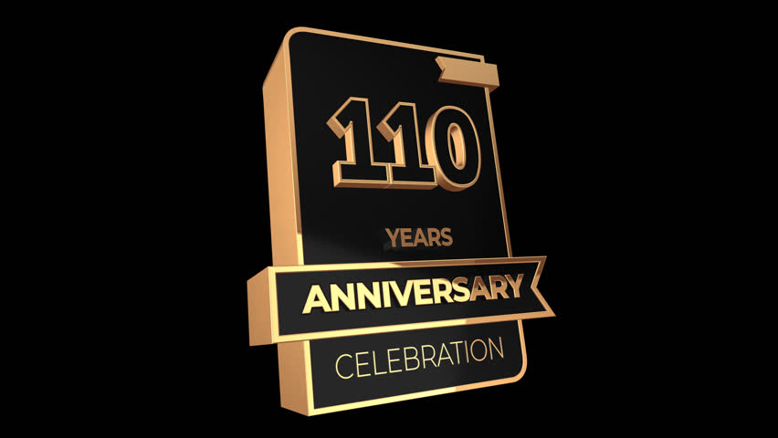 110 years, 110th anniversary logo, loop, looped video in 3D Gold with Alpha channel, isolated transparent background