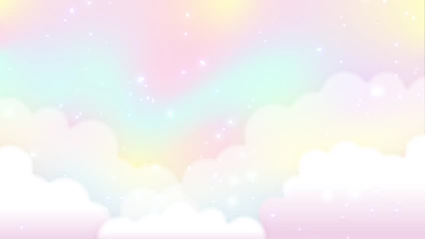 Animated background with a flying unicorn and rainbow in cloudy sky